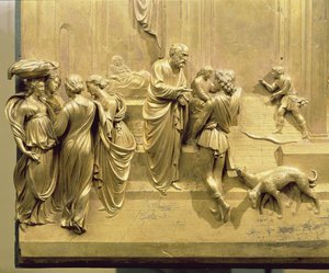 La Historia de Jacob y Esaú, (detalle) de la puerta este del Baptisterio, 1425-52 (bronce dorado) (post restauración)